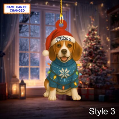 Custom Name Cute Sitting Beagle Dog with Santa Hat Christmas Lights Ornament - Image 5
