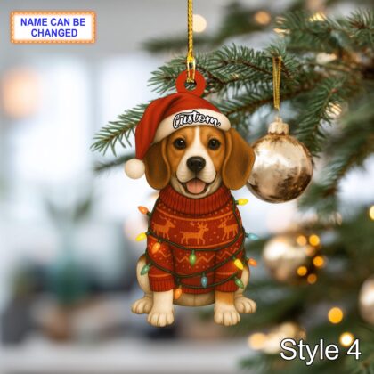 Custom Name Cute Sitting Beagle Dog with Santa Hat Christmas Lights Ornament - Image 6