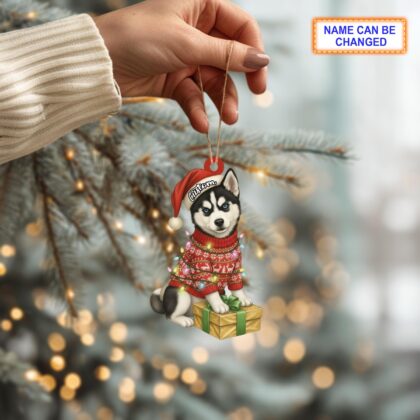 Alternative view of Custom Name Cute Sitting Siberian Husky Dog with Santa Hat Christmas Lights Ornament