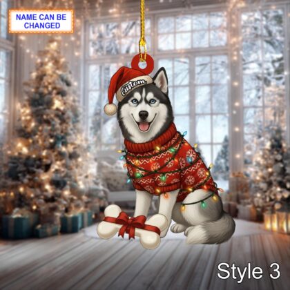 Custom Name Cute Sitting Siberian Husky Dog with Santa Hat Christmas Lights Ornament - Image 5
