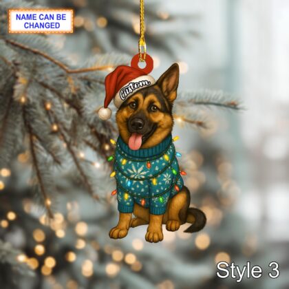 Custom Name Sitting German Shepherd Dog with Santa Hat and Christmas Lights Ornament - Image 5