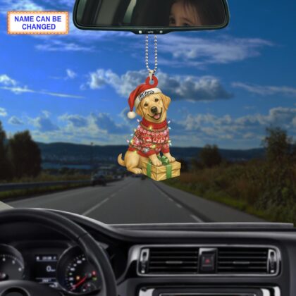 Custom Name Sitting Golden Retriever Dog with Santa Hat and Christmas Light Ornament - Image 3