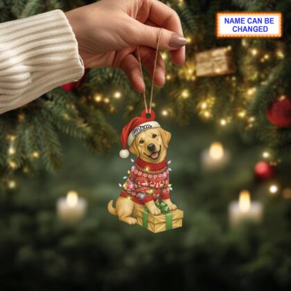Alternative view of Custom Name Sitting Golden Retriever Dog with Santa Hat and Christmas Light Ornament