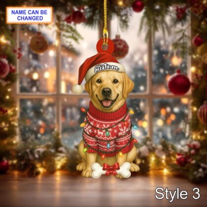 Custom Name Sitting Golden Retriever Dog with Santa Hat and Christmas Light Ornament - Image 5
