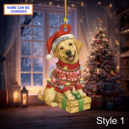 Custom Name Sitting Golden Retriever Dog with Santa Hat and Christmas Light Ornament