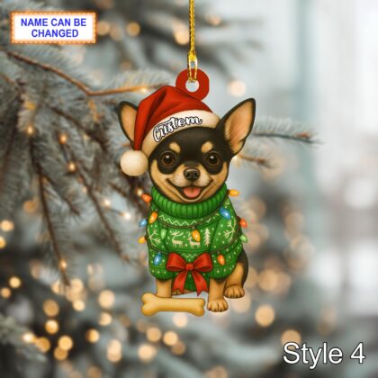 Custom Name Cute Sitting Chihuahua Dog with Santa Hat Christmas Lights Ornament - Image 6