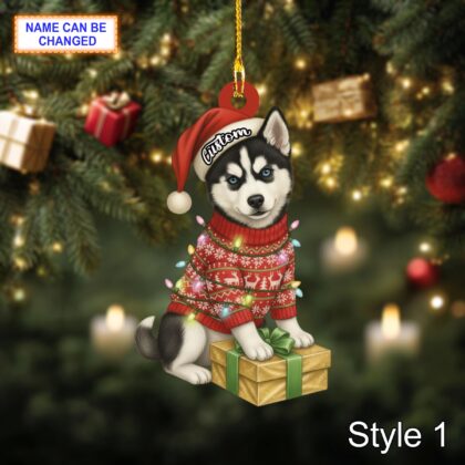 Custom Name Cute Sitting Siberian Husky Dog with Santa Hat Christmas Lights Ornament