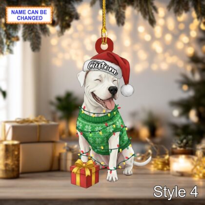 Custom Name Sitting Dogo Argentino Dog with Santa Hat Christmas Lights Ornament - Image 6