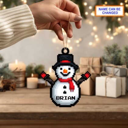 Alternative view of Custom Name Pixel Snowman Personalized Ornament – Christmas Tree Hanging Decor