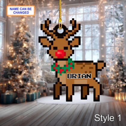 Custom Name Pixel Reindeer Personalized Ornament – Christmas Tree Hanging Decor