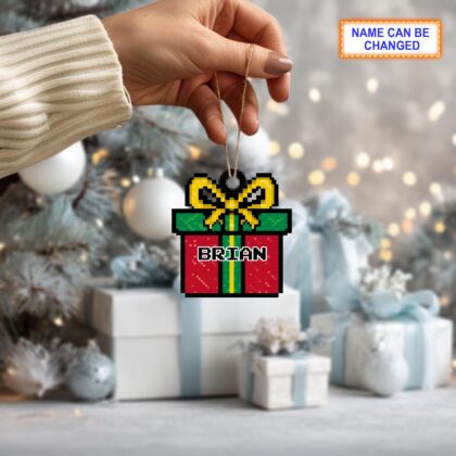 Alternative view of Custom Name Pixel Gift Box Personalized Ornament – Christmas Tree Hanging Decor