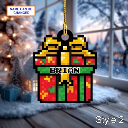Custom Name Pixel Gift Box Personalized Ornament – Christmas Tree Hanging Decor - Image 4