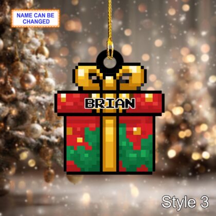 Custom Name Pixel Gift Box Personalized Ornament – Christmas Tree Hanging Decor - Image 5