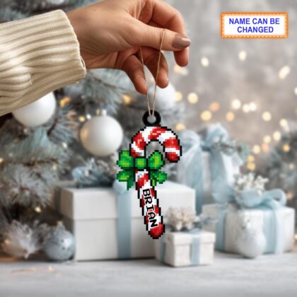 Alternative view of Custom Name Pixel Candy Cane Personalized Ornament – Christmas Tree Hanging Decor