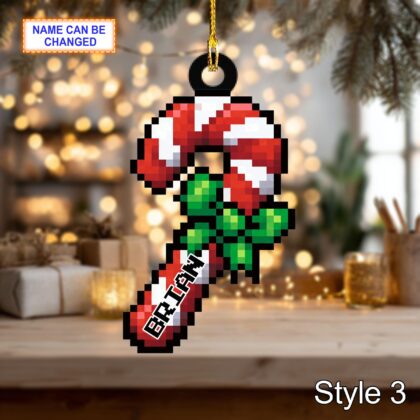 Custom Name Pixel Candy Cane Personalized Ornament – Christmas Tree Hanging Decor - Image 5