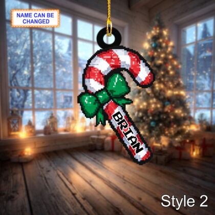 Custom Name Pixel Candy Cane Personalized Ornament – Christmas Tree Hanging Decor - Image 4