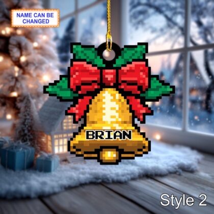 Custom Name Pixel Bell Personalized Ornament – Christmas Tree Hanging Decor - Image 4