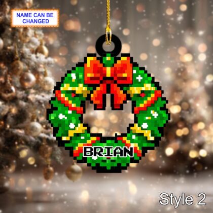 Custom Name Pixel Wreath Personalized Ornament – Christmas Tree Hanging Decor - Image 4