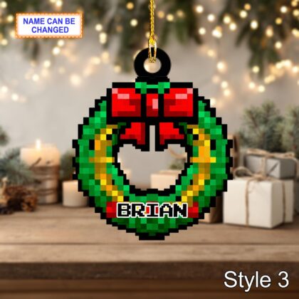 Custom Name Pixel Wreath Personalized Ornament – Christmas Tree Hanging Decor - Image 5