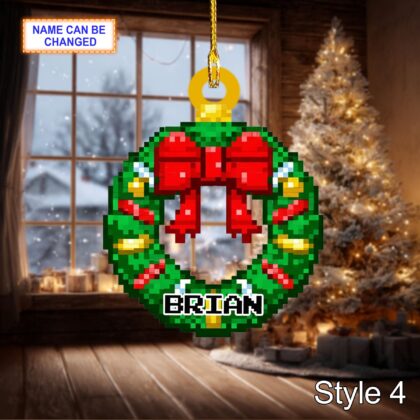 Custom Name Pixel Wreath Personalized Ornament – Christmas Tree Hanging Decor - Image 6