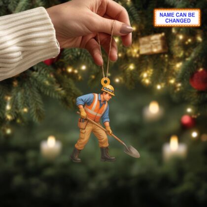 Alternative view of Custom Name Construction Worker Christmas Ornament – Holiday Tree Hanging Decor