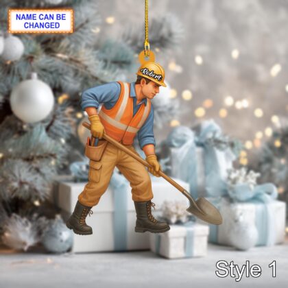Custom Name Construction Worker Christmas Ornament – Holiday Tree Hanging Decor