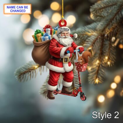 Custom Name Santa Kick Scooter Squirrel Personalized Ornament - Image 4