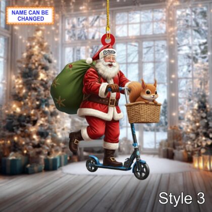 Custom Name Santa Kick Scooter Squirrel Personalized Ornament - Image 5