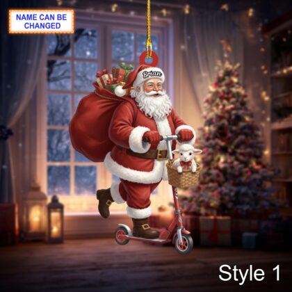 Custom Name Santa Kick Scooter Sheep Personalized Ornament
