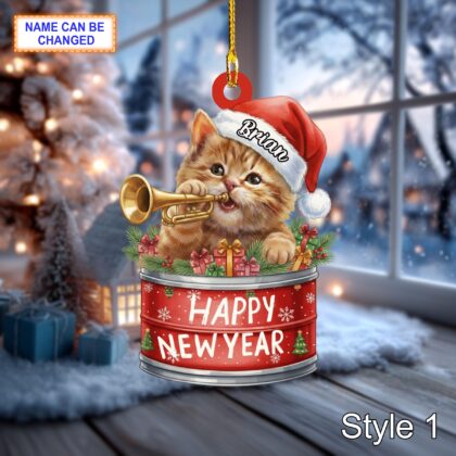 Custom Name Happy New Year Cat Personalized Ornament – Christmas Tree Hanging Decor