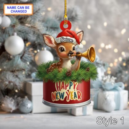 Custom Name Happy New Year Deer Personalized Ornament – Christmas Tree Hanging Decor