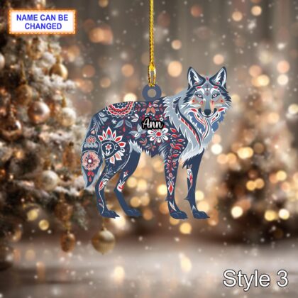 Custom Name Scandinavian Gray Wolf Personalized Ornament - Image 3