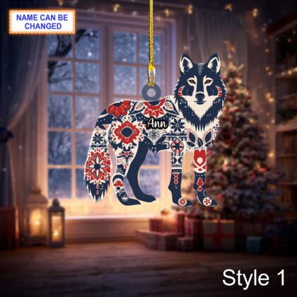 Custom Name Scandinavian Gray Wolf Personalized Ornament