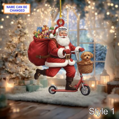 Custom Name Santa Kick Scooter Dog Personalized Ornament