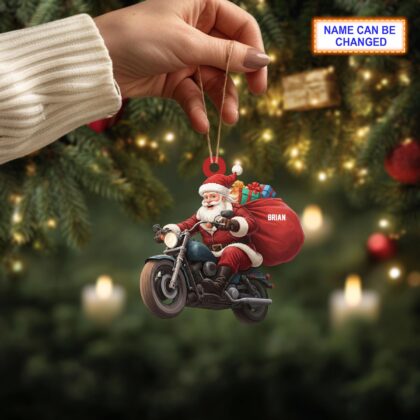 Custom Name Santa Drives Motorcycle Personalized Ornament - Image 3
