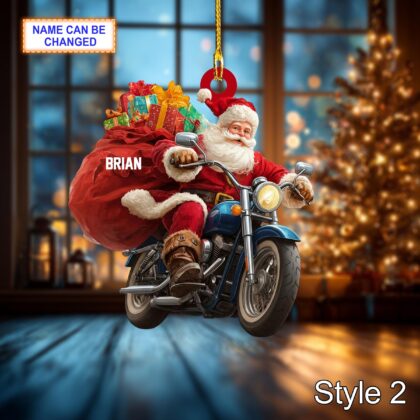 Custom Name Santa Drives Motorcycle Personalized Ornament - Image 4