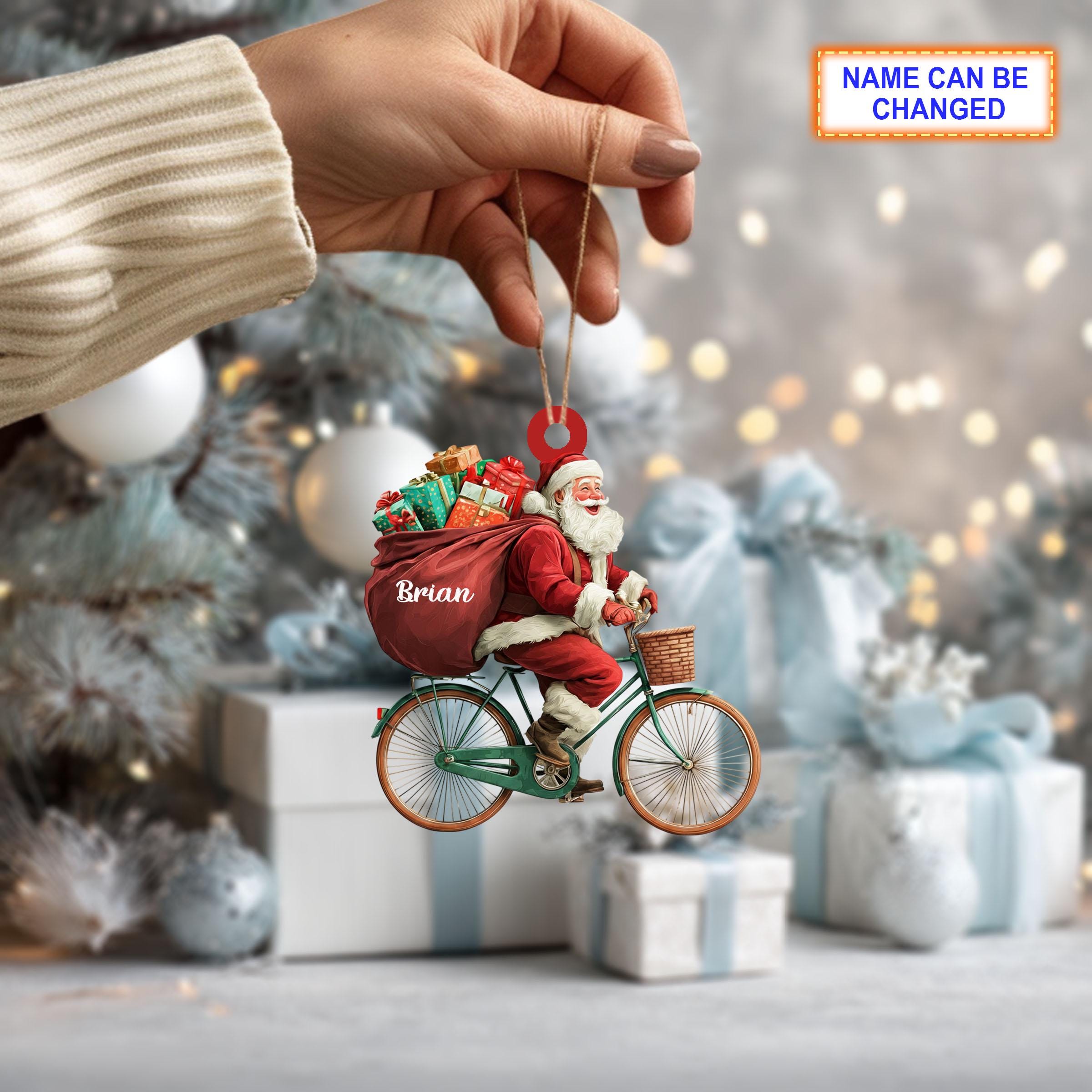 Custom Name Santa Drives Bicycle Personalized Ornament – Christmas Tree Hanging Decor - Image 2