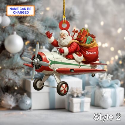 Custom Name Santa Drives Airplane Personalized Ornament - Image 4