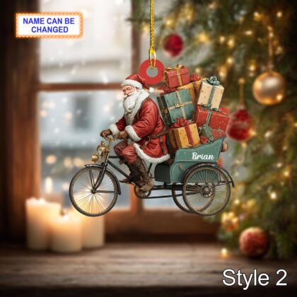 Custom Name Santa Drives Cyclo Personalized Ornament – Christmas Tree Hanging Decor - Image 4