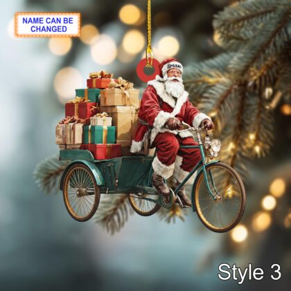 Custom Name Santa Drives Cyclo Personalized Ornament – Christmas Tree Hanging Decor - Image 5