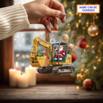 Custom Name Santa Drives Excavator Personalized Ornament - Image 3