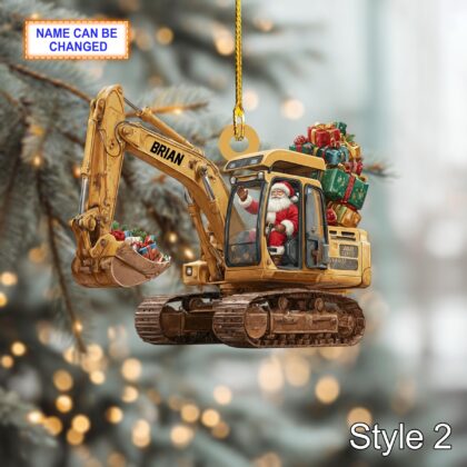Custom Name Santa Drives Excavator Personalized Ornament - Image 4