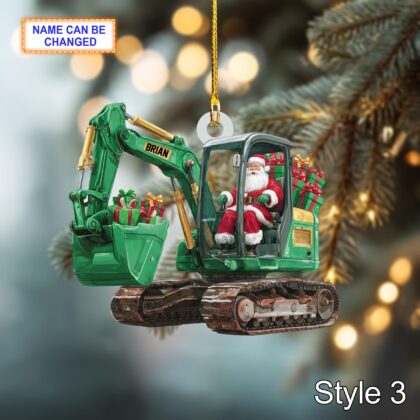 Custom Name Santa Drives Excavator Personalized Ornament - Image 5