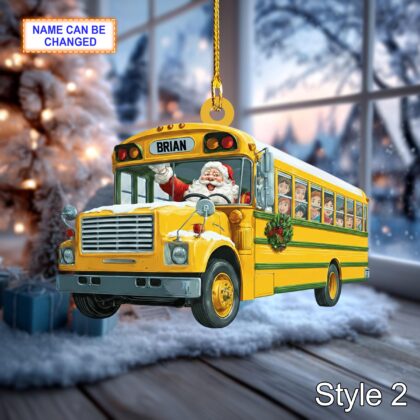 Custom Name Santa Drives School Bus Personalized Ornament - Image 4