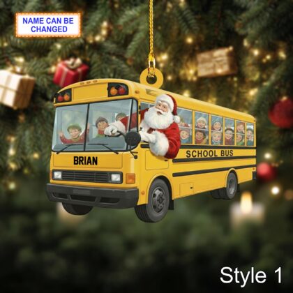 Custom Name Santa Drives School Bus Personalized Ornament