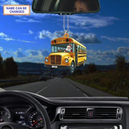 Alternative view of Custom Name Santa Drives School Bus Carrying Gifts Ornament