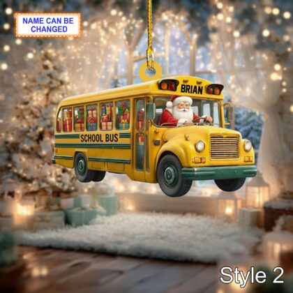 Custom Name Santa Drives School Bus Carrying Gifts Ornament - Image 4