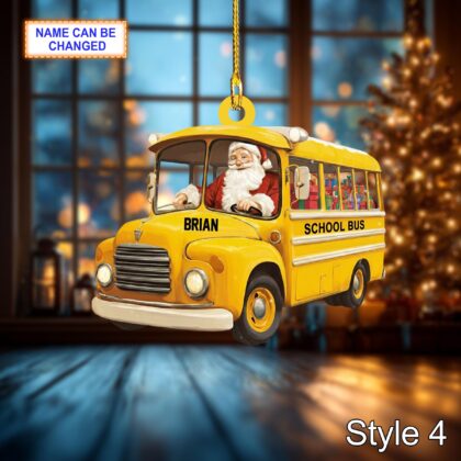 Custom Name Santa Drives School Bus Carrying Gifts Ornament - Image 6