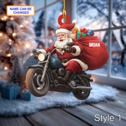 Custom Name Santa Drives Motorcycle Personalized Ornament
