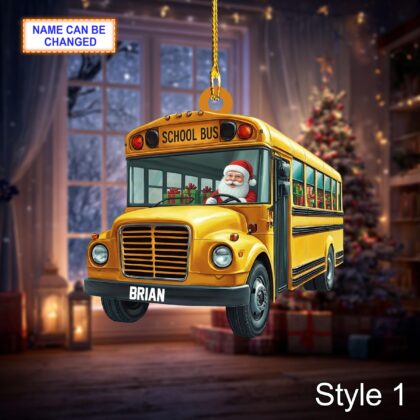 Custom Name Santa Drives School Bus Carrying Gifts Ornament